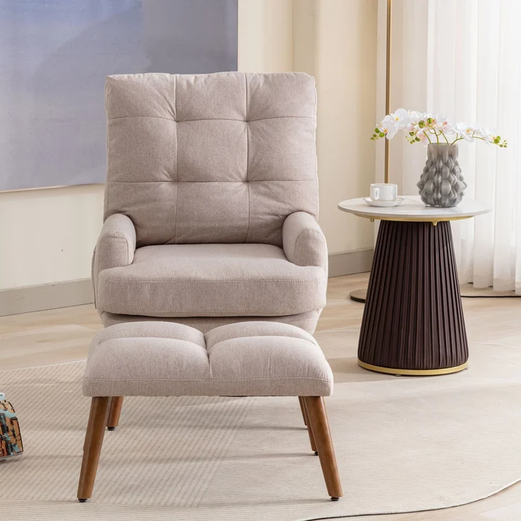 Stuhl mit Fußhocker, ergonomisches Relaxstuhl-Set mit Seitentaschen, Pull-Point-Design, weicher Schaumstoffpolsterung,Beige – Bild 3