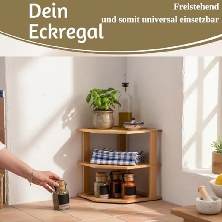 LS-LebenStil Küchenregal Eckregal Holz 27x25cm stehend Aufbewahrungsregal Gewürzregal, Küche & Bad - Gewürzregal über Eck - Organizer für Tassen Gewürze 1-tlg, Dekoregal als für Arbeitsplatte - Badregal Ablage Modern Platzsparend – Bild 5