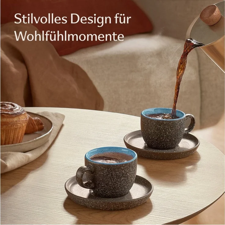 Cosumy Cappuccinotasse Espressotassen mit Untertassen 4er Set - 90 ml Keramik Blau, 8-tlg, Keramik, Warm – Bild 2