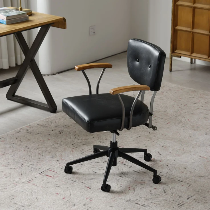 Bürostuhl aus Echtleder in Schwarz, ergonomisch, drehbar, höhenverstellbar, mit Rollen und Stahlrahmen, 1er-Set,H 82 x T 63 x B 51 cm – Bild 2