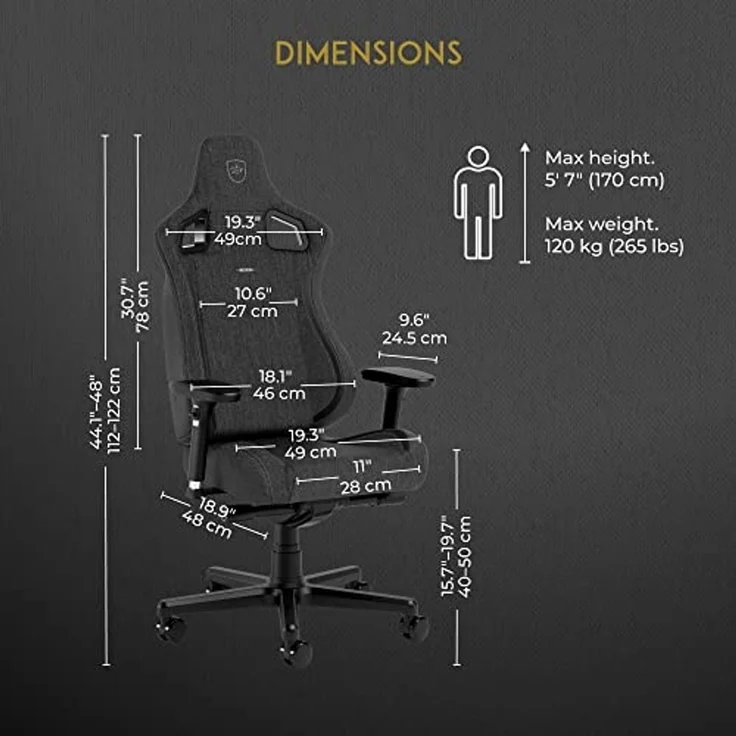 noblechairs Epic Compact TX Gaming Stuhl, Bürostuhl, Schreibtischstuhl, Kopf- und Lendenstütze, Atmungsaktives Textilgewebe, Entwickelt für Nutzer bis 120 kg und 1,7 Meter Hoch, Anthrazit – Bild 3