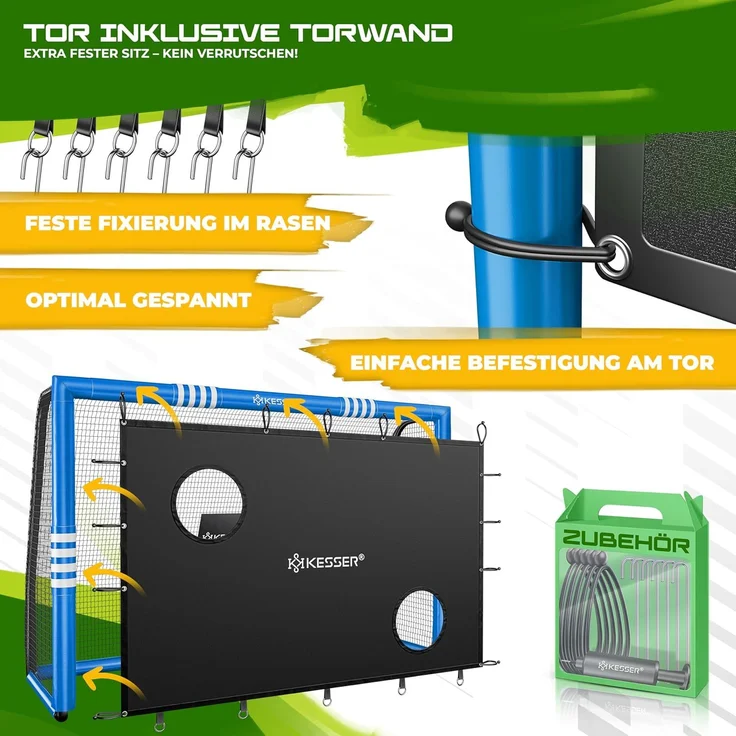 KESSER® Fußballtor für Garten, Schusstraining, UV-beständiges Netz, Stahlrahmen mit Polsterung, Erdhaken, Luftpumpe, Hüttchen, Montagezubehör, für Kinder und Erwachsene, Blau, 240 cm, mit Torwand – Bild 2