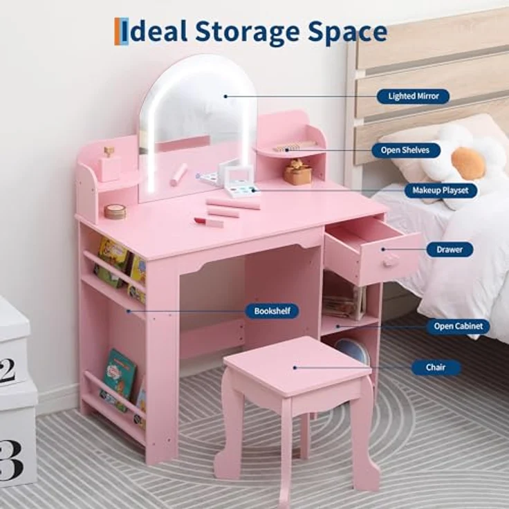 GarveeLife Schminktisch für Kinder mit Hocker und LED-Spiegel, Kleiner Schminktisch mit Schublade und 1 offenen Fächern, für Mädchen von 3 – 6 Jahren, Rosa, inklusive Zubehör – Bild 2