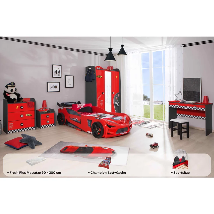 Kinderzimmer komplett Set mit Autobett Rio 5 teilig Rot