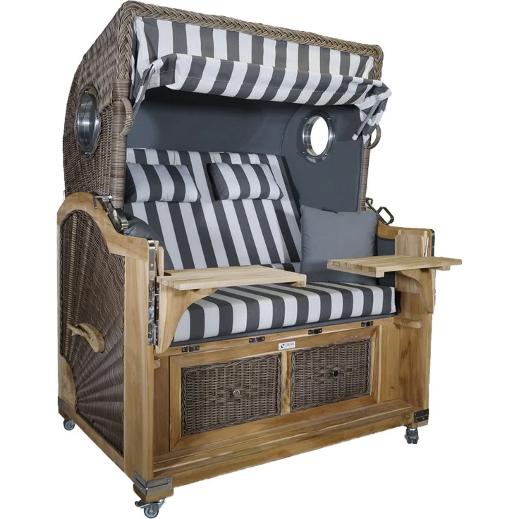 Strandkorb Teak XL grau / weiß 2½ Sitzer