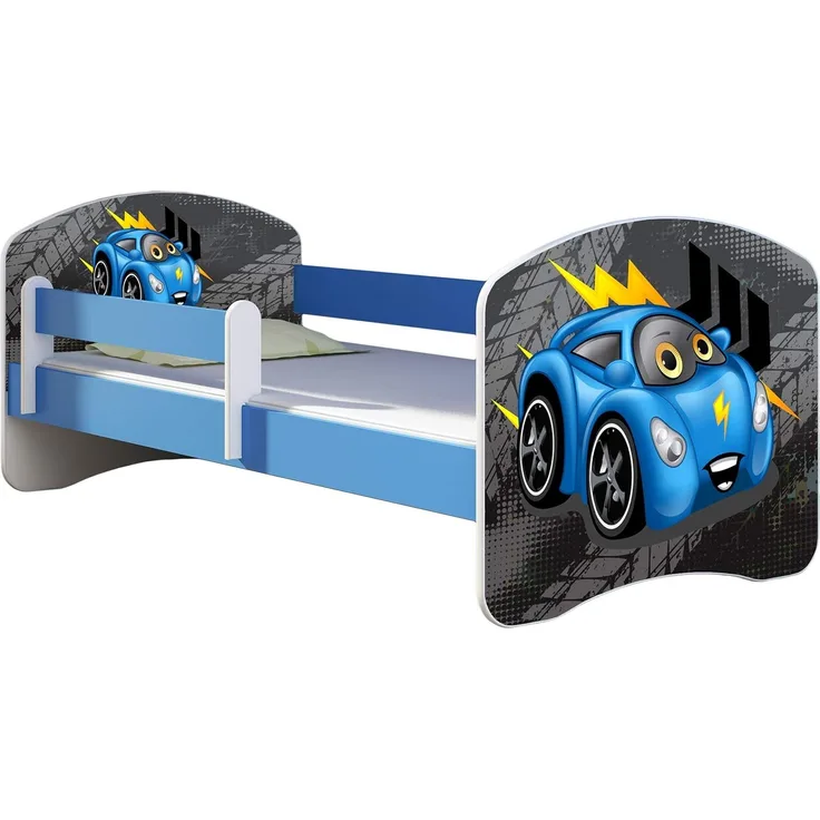 ACMA Kinderbett Jugendbett mit Einer Schublade und Matratze Blau mit Rausfallschutz Lattenrost II 140x70 160x80 180x80 (04 Blaue Auto, 180x80)