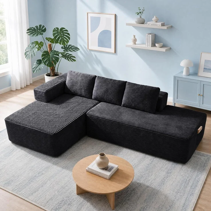 COMHOMA Ecksofa mit Schlaffunktion, 255cm Corduroy Modulares Boneless Couch mit Chaiselongue & Rücken-Metallgestell, L-Form Schlafsofa mit offenem Design, Kissen & Seitentaschen,für Wohnzimmer,Schwarz-R – Bild 5