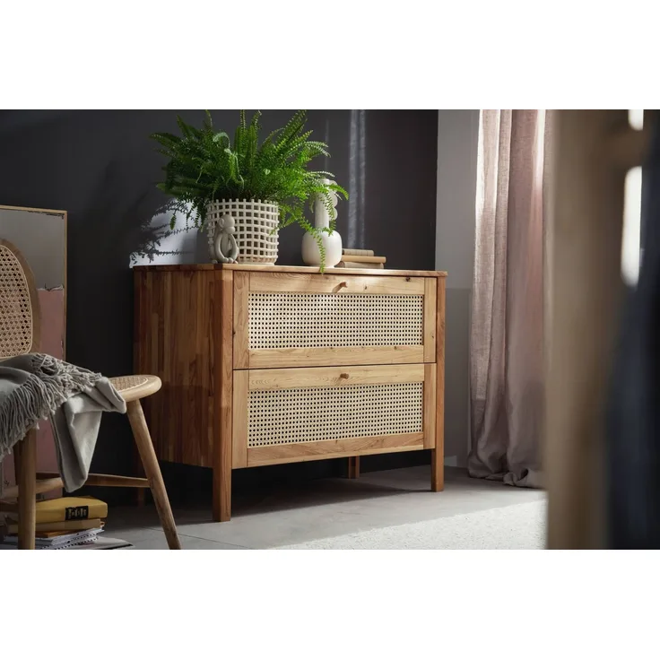 MSZ Design Schubladenkommode FRIA 2 Schubladen Wildeiche mit Wiener Geflecht Natur 100x45x76 cm