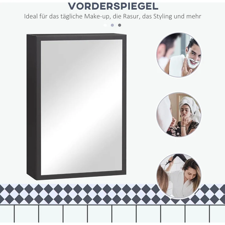 Kleankin Spiegelschrank Badspiegelschrank mit 3 Schichten (Hängeschrank, 1-St, Wandschrank für Badezimmer) Edelstahl, Schwarz, 40 x 15 x 60 cm – Bild 4