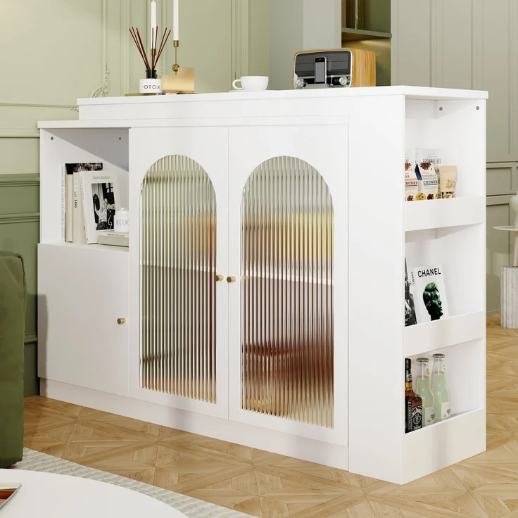 Esszimmerschrank Sideboard Weiß mit 360° Drehfunktion, Changhong-Glas Türen,Aufbewahrungsschrank mit Regalen und Schubladen – Bild 5