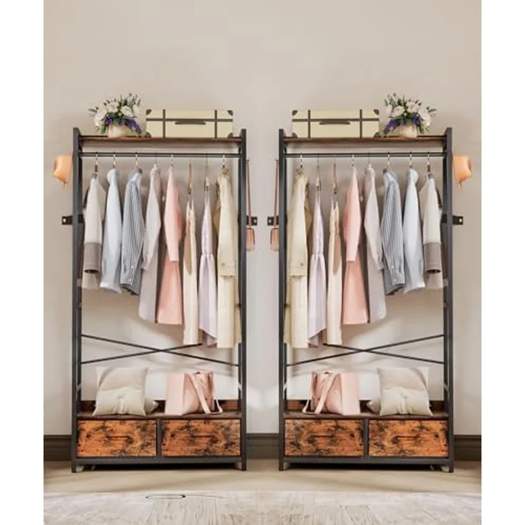 Yorbay Kleiderständer Garderobenständer mit 2 Schubladen & Aufbewahrungsbox,84x30x181 cm, 180kg Traglast,Retro Design für Schlafzimmer, Flur – Bild 6