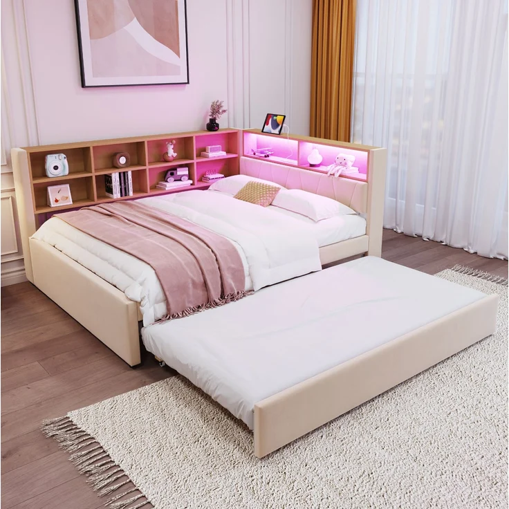 CHICFURN Bett Flanell Beige 140x200 cm mit Ausziehbett 90x190 cm, LED-Beleuchtung und USB- und Type-C-Anschlüssen – Bild 1