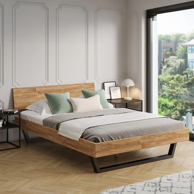 skølm 'Alver' Bett 140x200 cm, Bettgestell, natur geölt, Massivholzbett aus Eiche mit Metallkufen, Doppelbett mit durchgehendem Bettkopf – Bild 1