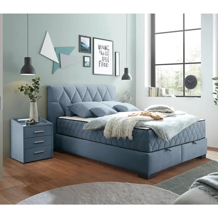 NAGOL B Boxbett 140x200, Denim - Bequemes Bett mit Bettkasten und Premium 9-Zonen-Federkern Wendematratze - 165 x 114 x 214 cm (B/H/T) – Bild 3