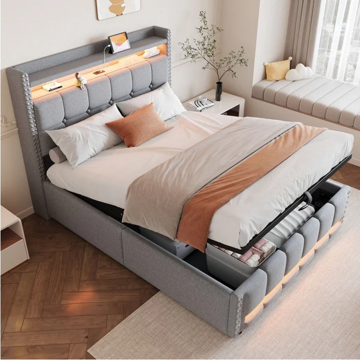 HAUSS SPOLE Polsterbett 140x200 cm mit Matratze Komfortbett, LED-Beleuchtung & USB-Steckdose – Bild 1