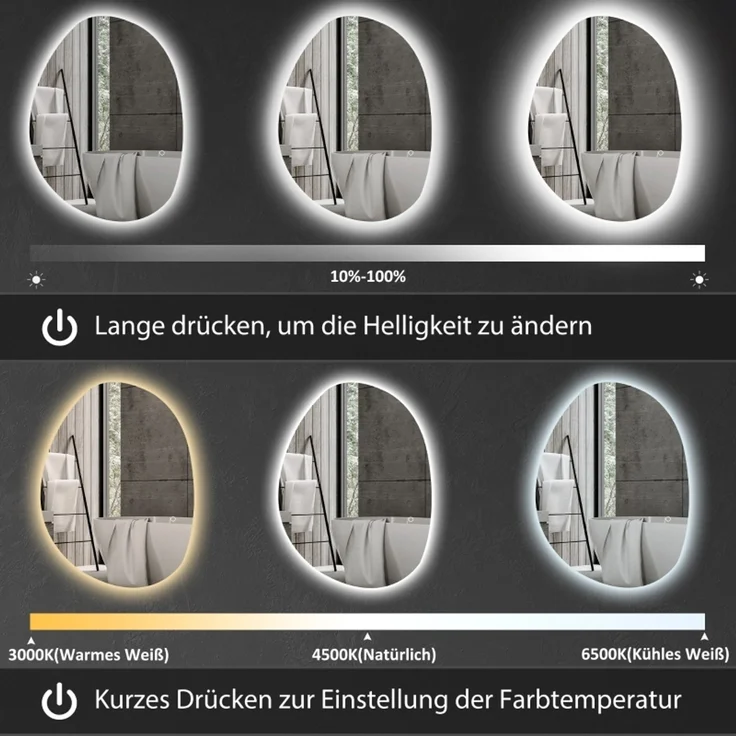 Badspiegel 70x50 cm, asymmetrisch, mit LED-Licht und Antibeschlagfunktion, Silber – Bild 4