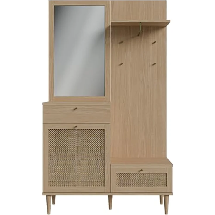Forte CALASETTA Garderobe 120, 2 Schubladen, 1 Tür, mit Spiegel, Kleiderstange und Ablageflächen, Holzwerkstoff, Elegancia Eiche Holzdekor | Technorattan, 115,1 cm breit x 198 cm hoch x 41,4 cm tief – Bild 3