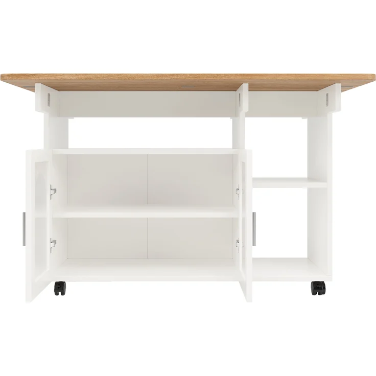 Kücheninsel, modernes Küchensiland, Küchenschrank, abnehmbare Servierwagen-Buffetschrank, Speisewagen mit Holzmaserung, multifunktionaler Esstisch mit Stauraum, Holzoptik, Weiß – Bild 7