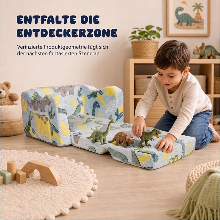 Jiexi Kindersofa Kindersofa ausklappbar Lammvlies Kindersessel Leuchtend Dino – Bild 3