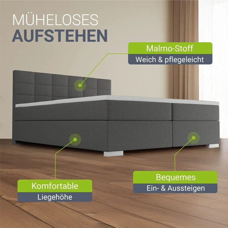 Juskys 'Seattle' Boxspringbett - hoher Komfort, weicher Malmo-Stoff, komfortable Einstiegshöhe, gepolstertes Kopfteil, inkl. Topper - Hellgrau, 180x200 cm – Bild 6