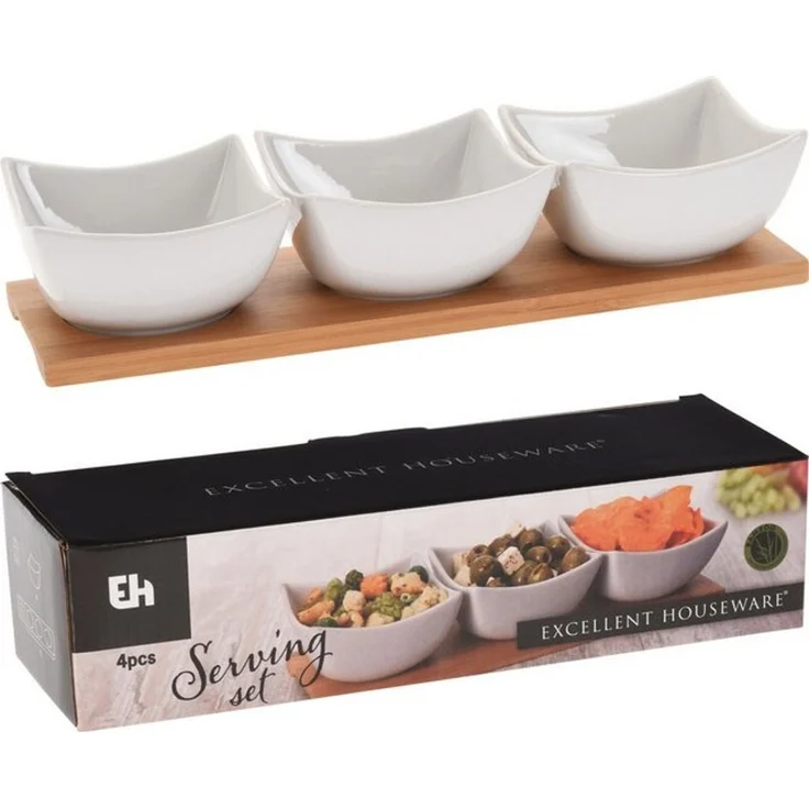 Koopman Servierschale Porzellan Servierset 4 Tlg. 30x10 cm 3 rechteckige Schalen Weiß Brett, Porzellan, (1-tlg), 3 Schalen, Bambus Tablett, Porzellan Schalen, Snackschale – Bild 3