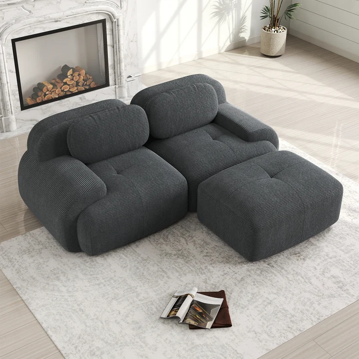 Ecksofa aus weichem Cordstoff,modular kombinierbar mit gebogenen Armlehnen ohne Montage hochelastische Schaumstoffpolsterung für Wohnzimmer Ruhezonen und Schlafzimmer,Cordstoff,Grey, – Bild 3