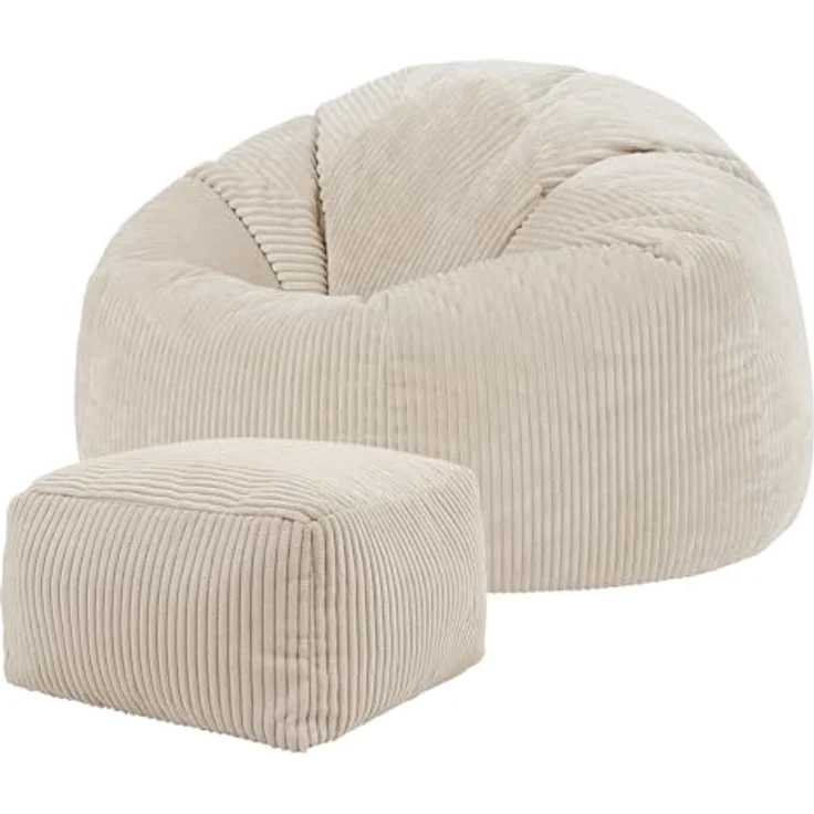 icon Kingston Cord Sitzsack Stuhl und Poufe, Stein Beige, Große Lounge Chair Sitzsäcke für Erwachsene mit Füllung Enthalten, Jumbo Cord Erwachsene Sitzsack, Boho Room Decor Wohnzimmer Möbel – Bild 2