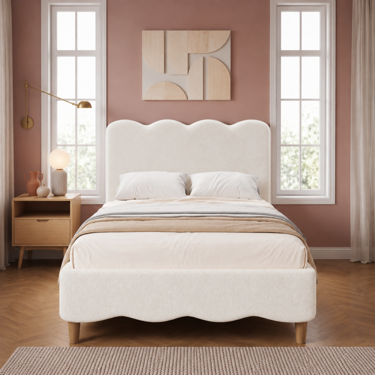 Merax Polsterbett, Einzelbett, Kinderbett 90 x 200cm, Bett mit Lattenrost und Kopfteil, Bettbeine aus Massivholz, gepolstertes Kopfteil, bouclé, Weiß – Bild 2