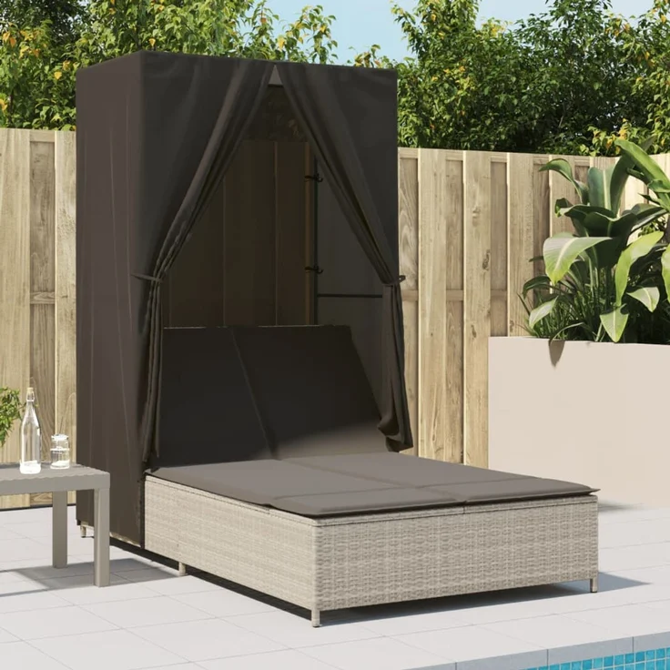 Doppel-Sonnenliege, Gartenliege mit Dach und Vorhängen Hellgrau Poly Rattan – Bild 3