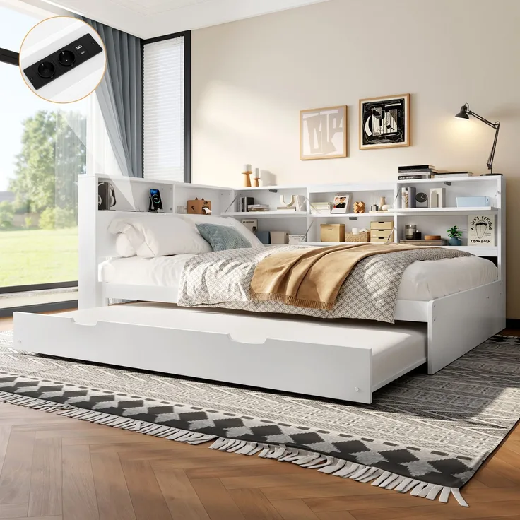EINHOM Daybett, Schlafsofa, 140 x 200 cm, Kopfteil mit Staufach, Ausziehbares Bett, Weiß, (Ohne Matratze)
