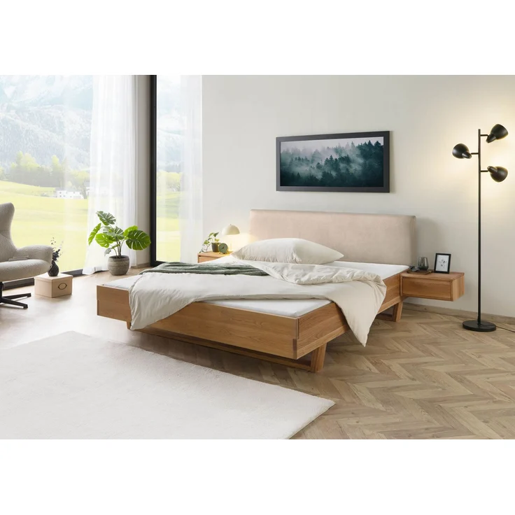 Bett mit Nachttischen Eiche 180x200x85 natur geölt, Kopfteil beige FICHTELBERG #135 – Bild 3