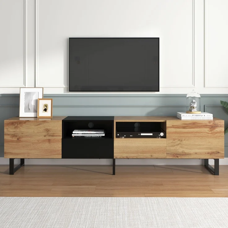 TV-Lowboard 190 cm mit Türen und Schubladen, moderner Fernsehtisch in Schwarz und Holzoptik – Bild 6