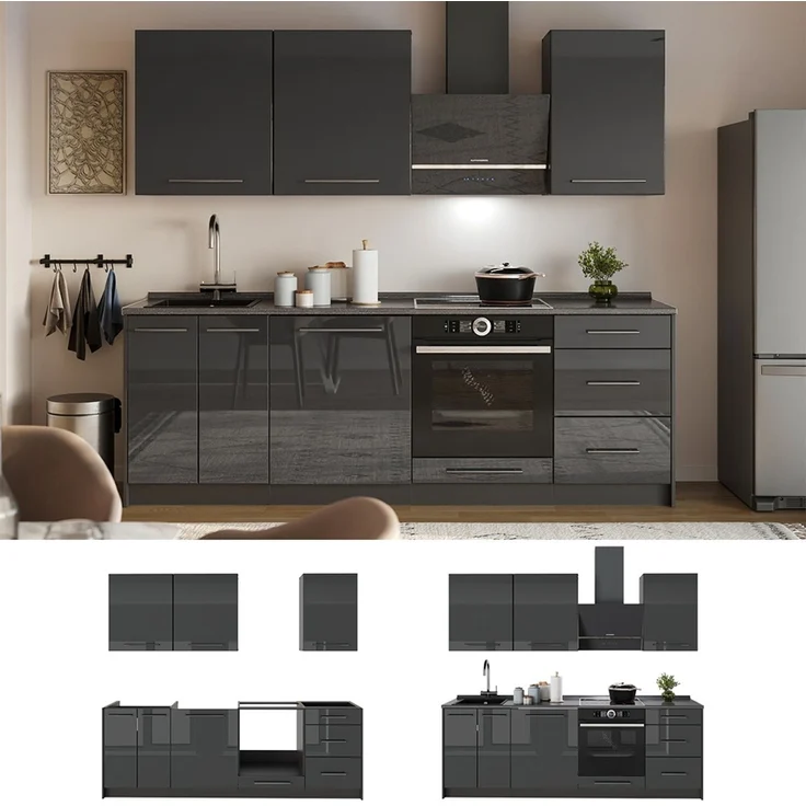 Küchenzeile Fame-Line Anthrazit Hochglanz/Anthrazit 230 cm, AP Marmor Vicco – Bild 4