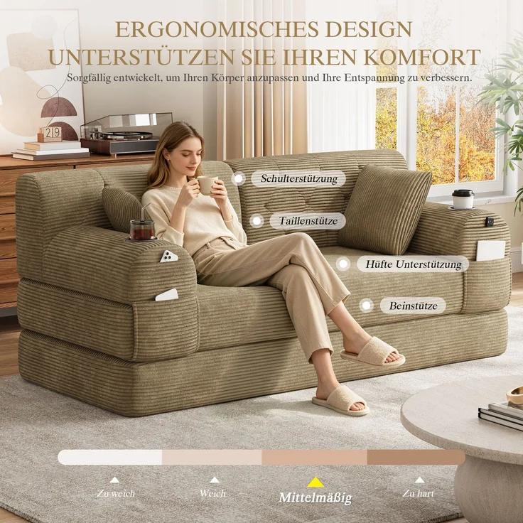 TavilaEcon 2-Sitzer Schlafsofa, komprimiertes Cord Sofa mit hoher Rückenlehne khaki 81 × 80 × 168 cm (H × T × B) – Bild 5