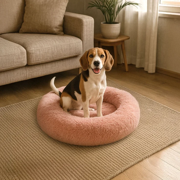 belviona Donut-Hundebett, kuscheliges Plüschbett mit weicher Füllung, sicherem Halt & ergonomischem Rand, 80 cm Durchmesser, altrosa – Bild 1
