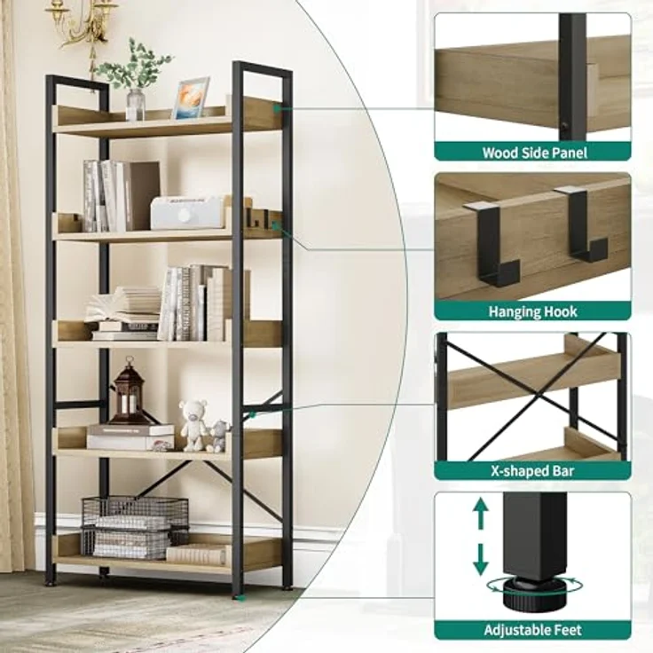 YITAHOME Bücherregal mit 5 Ebenen, hohes, schmales dünnes Holzregale, Holzregal, industrielle Aufbewahrungseinheit für Wohnzimmer, Home Office – Eichenfarbe – Bild 4