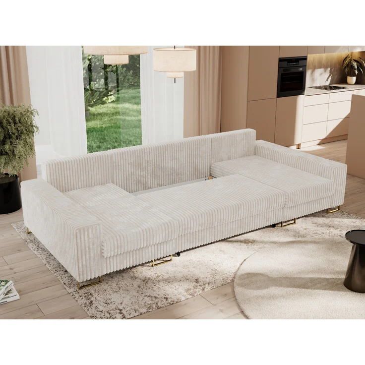 U-förmiges Ecksofa auf goldenen Metallbeinen, mit Schlaffunktion und drei Bettkästen für das Wohnzimmer - DORIAN U - Beige Cord – Bild 4