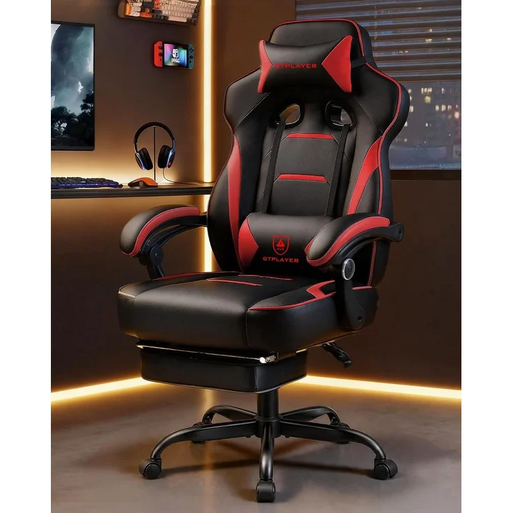 GTPLAYER Gaming Stuhl mit Fußstütze, Ergonomischer Bürostuhl 180kg, Schwerlast Gaming Sessel mit Lendenwirbelstütze und Kopfstütze, Höhenverstellbarer Computerstuhl, Gepolstert, neigbare 155°, ROT – Bild 2
