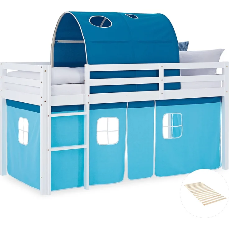 Hochbett Kinder 90x200 cm mit Lattenrost Kinderbett Kinderhochbett Stockbett Tunnel Vorhang Blau Holz Massiv – Bild 1