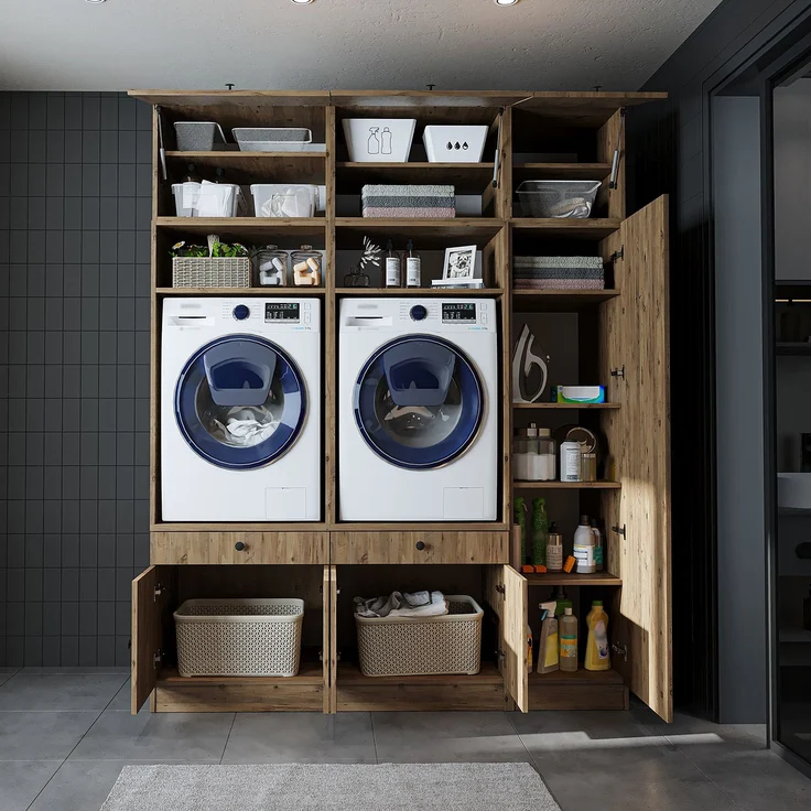 Roomart Schrankwand für Waschküche & Hauswirtschaftsraum – SERIE 1 – 179 cm breit – mit Ausziehbrett – Waschmaschinenschrank & Stauraumlösung • Eiche – Bild 4