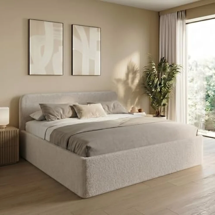 Home Collective Polsterbett mit Stauraum und verstellbarem Lattenrost, Bouclé-Stoff in Creme, viele Größen erhältlich (100x200 bis 200x200), wählbare Matratze Federkern oder Kaltschaum – Bild 1