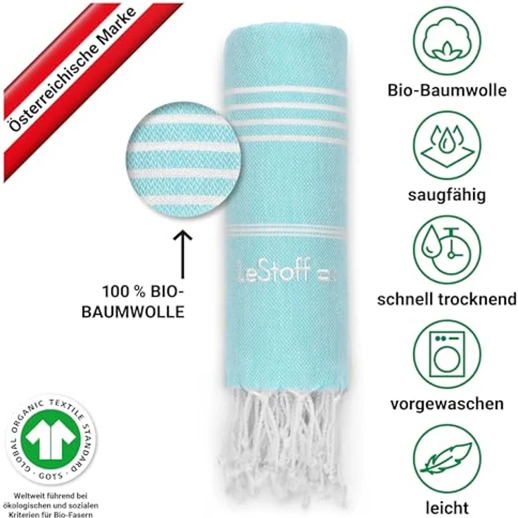 LeStoff Hamamtuch 100% Bio-Baumwolle, 95 x 180 cm, schnelltrocknend, leicht, aqua – Bild 3