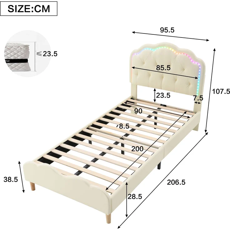 U-life Polsterbett 90x200 cm, Einzelbett und Kinderbett, mit wellenförmigem Kopfteil, LED-Lichtleiste und PU-Bezug, Beige – Bild 10
