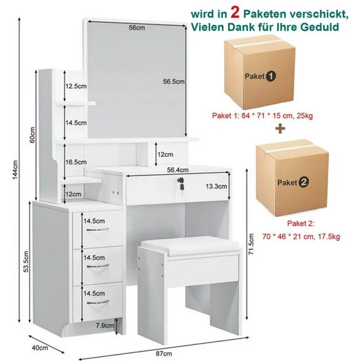 Dripex Schminktisch Set mit Spiegel und Hocker 4 Schubladen, 7 Ablagefächer Kosmetiktisch, Größe: B87 x T40 x H144 CM – Bild 4