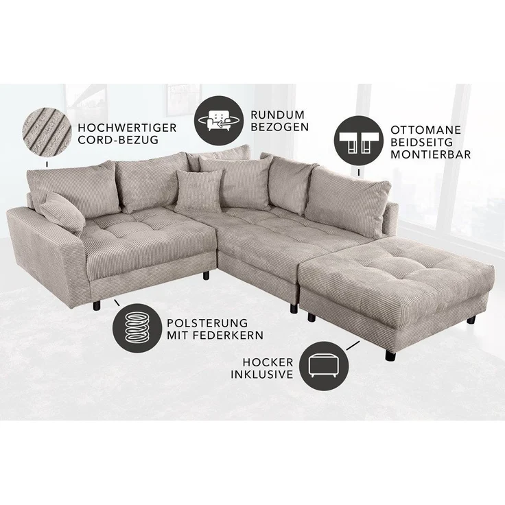 riess-ambiente Ecksofa KENT 220cm greige / schwarz, Einzelartikel 1 Teile, Wohnzimmer · Cord · mit Federkern · inklusive Hocker · L-Form · Modern – Bild 2