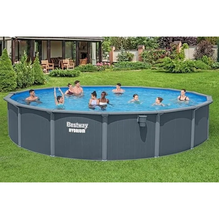 Bestway 561RP Hydrium Stahlwandpool Komplett Set mit Sandfilteranlage Ø 732 x 132 cm, Holz Optik (Grau), rund, WINTERFEST – Bild 2