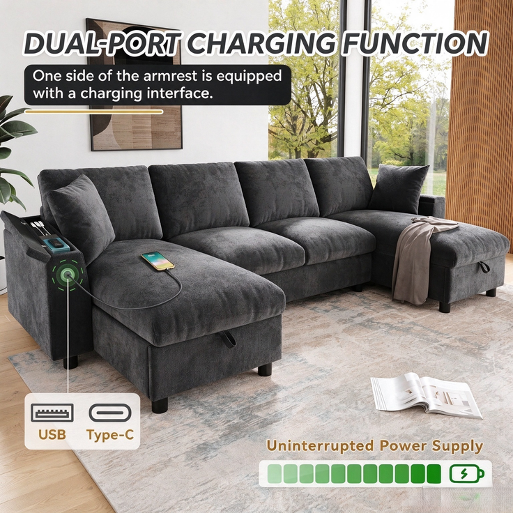 Chenille-U-Sofa mit 2 Stauraum-Chaiselongues, USB und USB-C, gepolsterte modulare Wohnlandschaft 279 cm mit Taschenfederkern, Grau – Bild 16