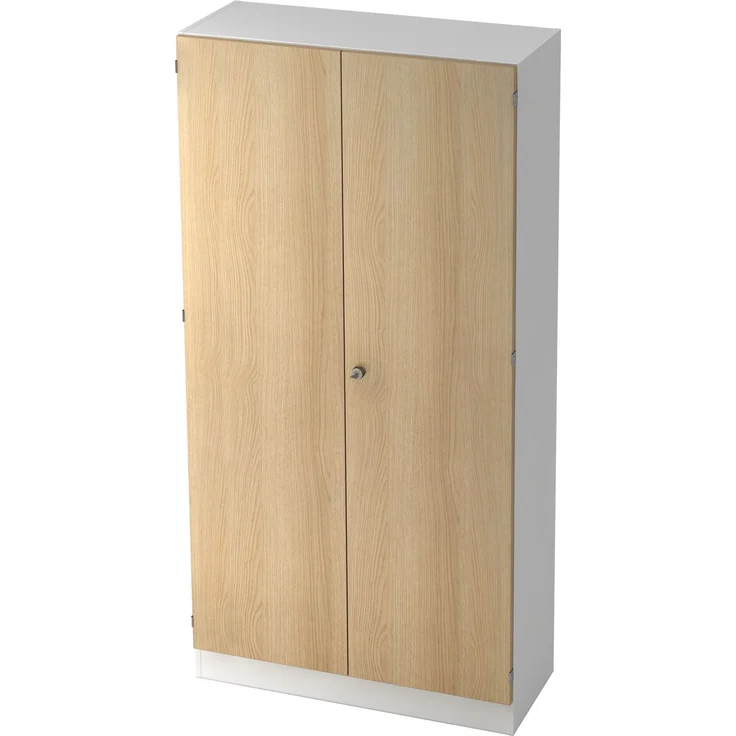 bümö office Aktenschrank abschließbar, 100 cm breit, 5 Ordnerhöhen, Weiß/Eiche - breiter Büroschrank mit Flügeltüren, 4 verstellbaren Fachböden und Sockel, 6910-W-E-SG – Bild 1