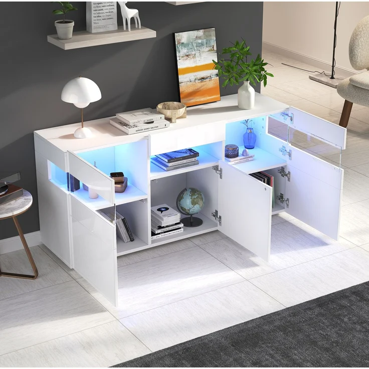 DESVIAE Sideboard mit LED-Beleuchtung, 140x66,5x40,5 cm, Spanplatte, Weiß, 3 Türen – Bild 2