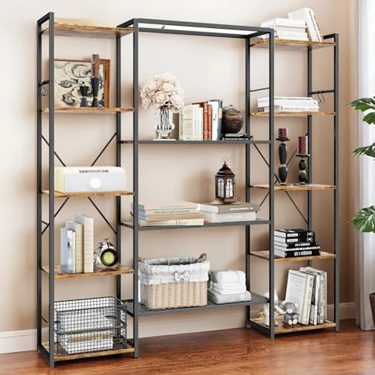 YITAHOME Industrie Bücherregal, Standregal mit 13 Regalböden, Holzregale und Regaleinheit mit Metallrahmen, Bücherständer und Lagerregal, für Wohnzimmer, Heimbüro, Vintagebraun – Bild 4